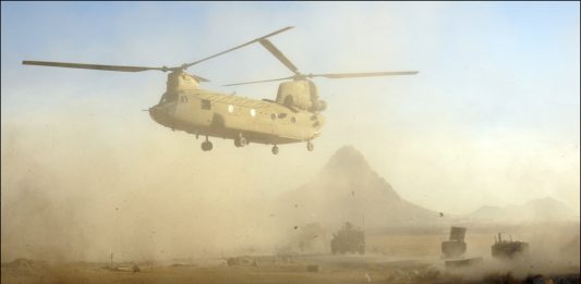 A US Army Chinook helicopter on patrol in Kandahar province in Afghanistan