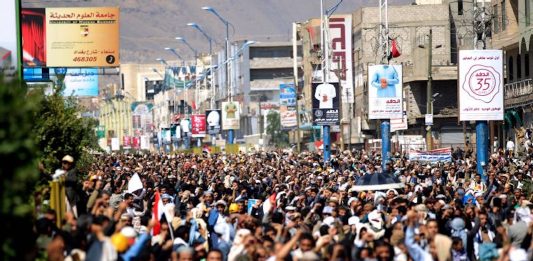 A demonstration in Yemen against the Saudi blockade of the country's ports and airports