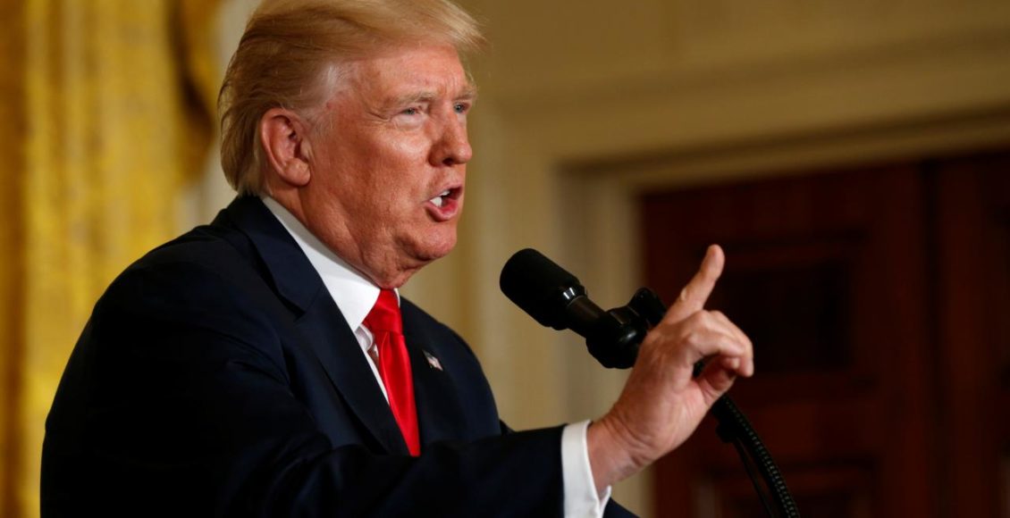 US President Donald Trump speaks during a news conference at the White House in Washington