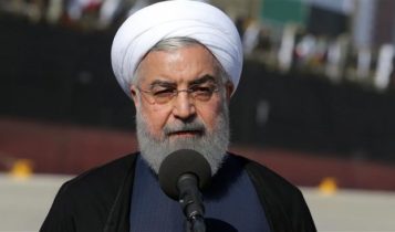 Iranian President Hassan Rouhani giving a speech in the southern Iranian coastal city of Chabahar