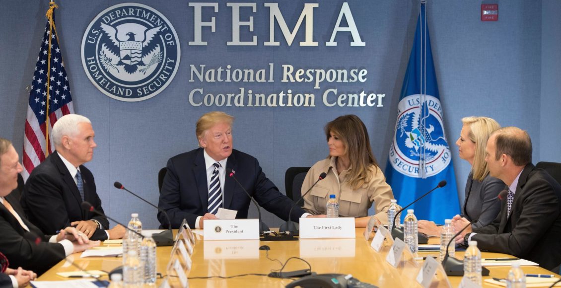 President Donald Trump visits the Federal Emergency Management Agency (FEMA) headquarters in Washington, DC