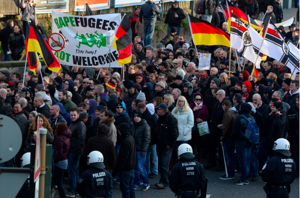 German far-right supporters demonstrate at Cologne`s train station on 9 January, 2016