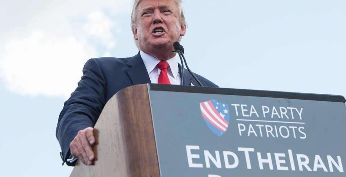 Donald Trump speaks at a rally organized by the Tea Party Patriots against the Iran nuclear deal
