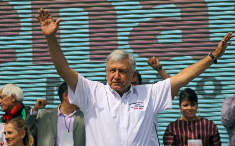 Mexico's President Andres Manuel Lopez Obrador (AMLO), standing for MORENA party, cheers at his supporters