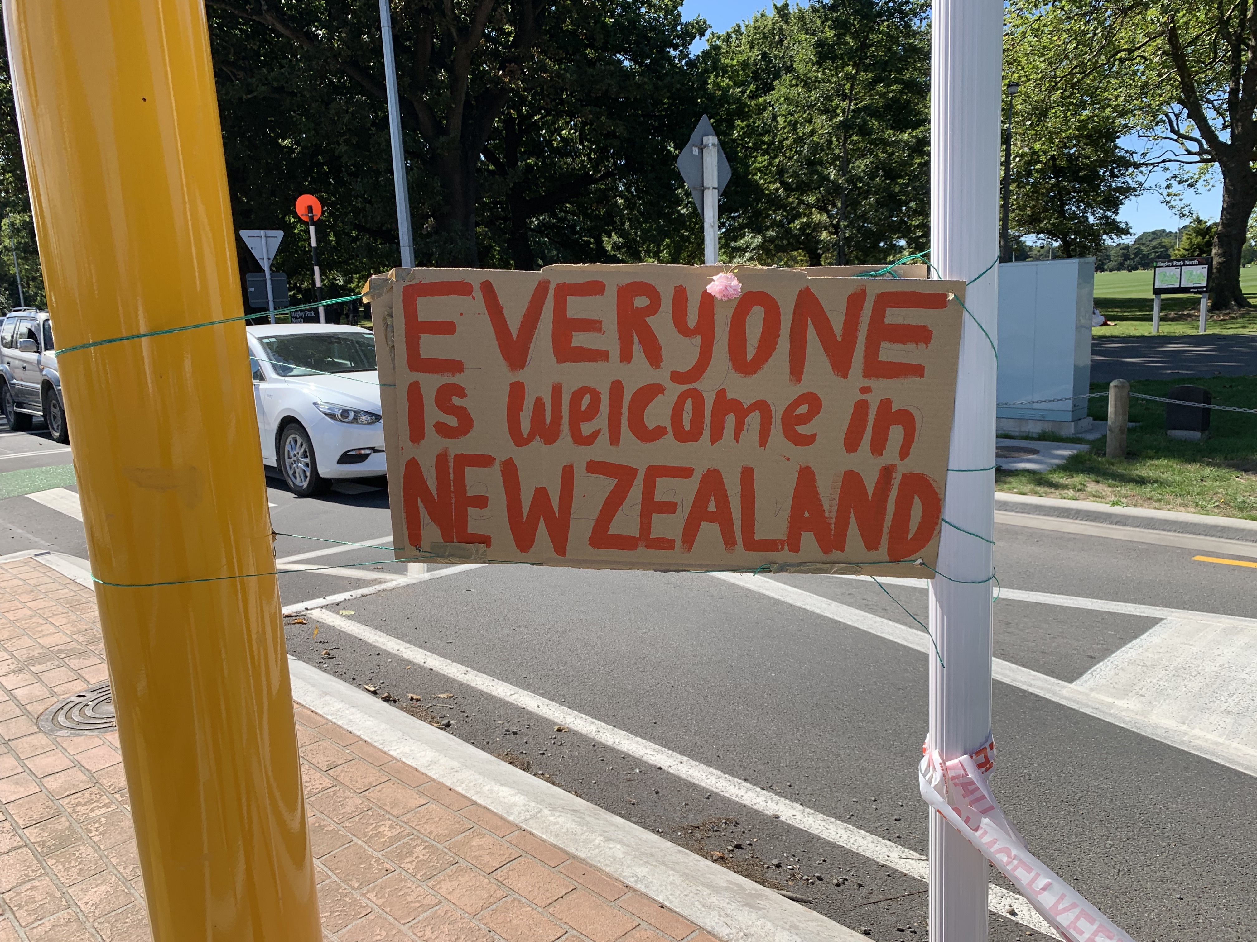Sign in Christchurch reading 'Everyone is welcome in New Zealand' after the mosque shooting