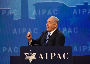 Israel Prime Minister Benjamin Netanyahu speaks during the American Israel Public Affairs Committee (AIPAC) policy conference in Washington, DC, on March 6, 2018