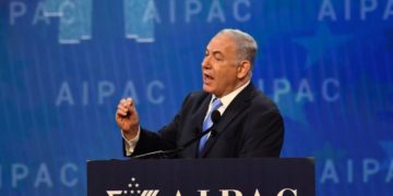 Israel Prime Minister Benjamin Netanyahu speaks during the American Israel Public Affairs Committee (AIPAC) policy conference in Washington, DC, on March 6, 2018
