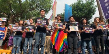 Jennifer Lu speaks at the Taipei same-sex marriage and LGTB gathering in Taipei, Taiwan, May 14, 2019