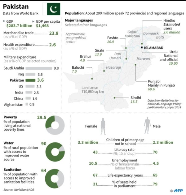 Graphic charting Pakistan's socio-economic indicators.