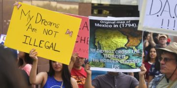 A map of Mexico as it was in 1794 is displayed as young immigrants and their supporters rally in support of Deferred Action for Childhood Arrivals (DACA) in Los Angeles, California on September 1, 2017