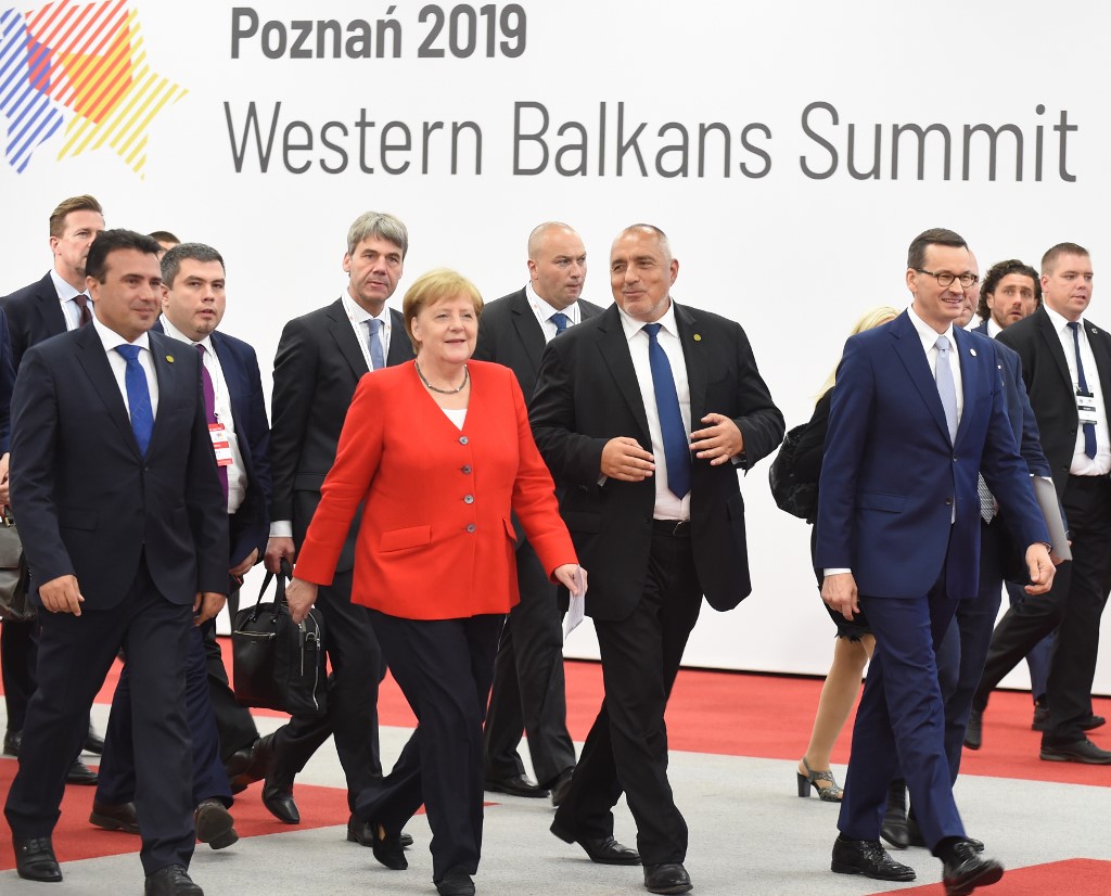Prime Minister of Northern Macedonia Zoran Zaev, German Chancellor Angela Merkel, Bulgarian Prime Minister Boyko Borisov and Polish Prime Minister Mateusz Morawiecki, arrive for a press conference at the end of the Western Balkans Summit on July 5, 2019 in Poznan, Poland