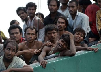 Rohingya migrants in a boat adrift in the Andaman Sea