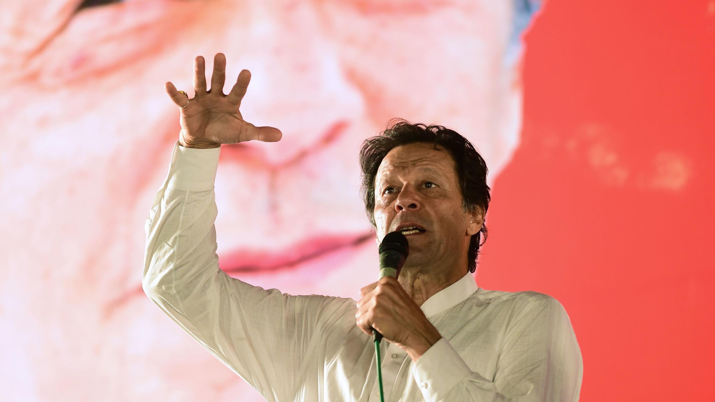 Pakistan's Prime Minister Imran Khan addresses a political campaign rally