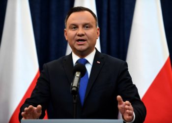 Poland’s President Andrzej Duda gives a press conference on February 6, 2018 in Warsaw