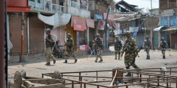 Indian security forces patrolling Tral town in South Kashmir