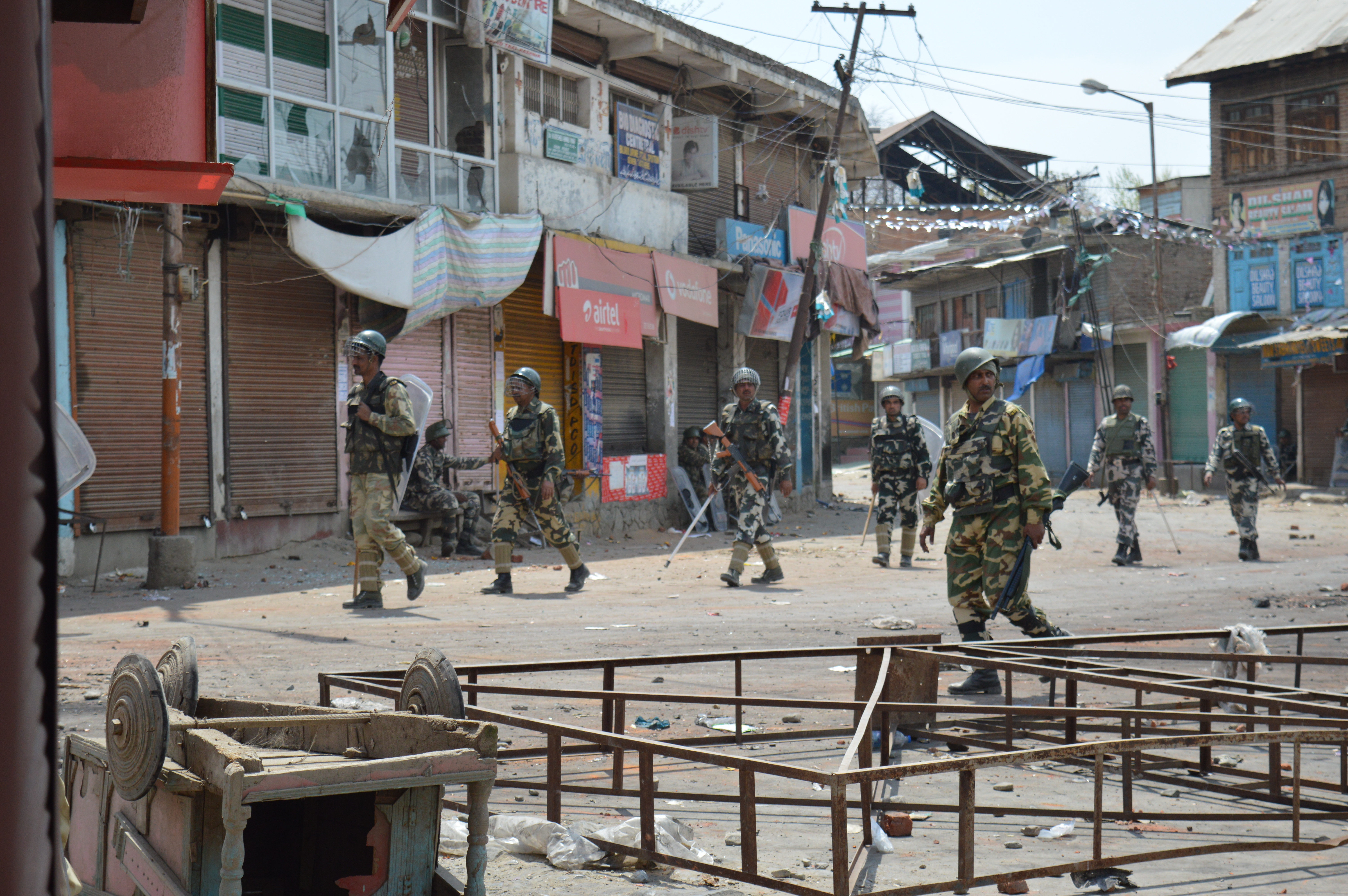 Indian security forces patrolling Tral town in South Kashmir