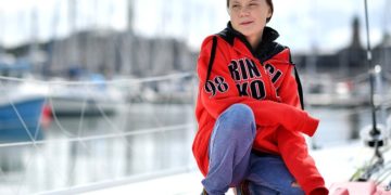 Swedish climate activist Greta Thunberg on board the Malizia II sailing yacht