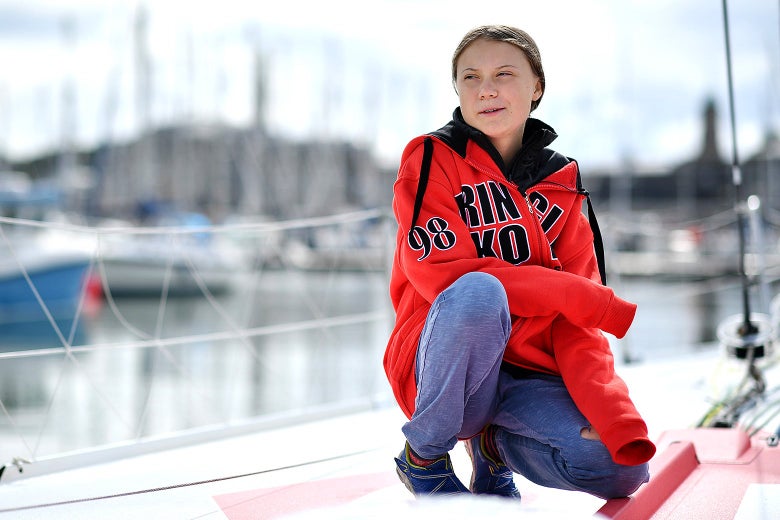 Swedish climate activist Greta Thunberg on board the Malizia II sailing yacht