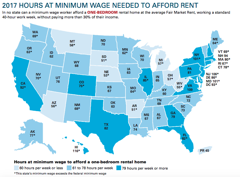 A breakdown of the hours a minimum wage worker would need to work to afford a one-bedroom apartment by state. 