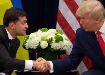 President Donald Trump and Ukrainian President Volodymyr Zelensky shake hands during a meeting in New York on September 25, 2019