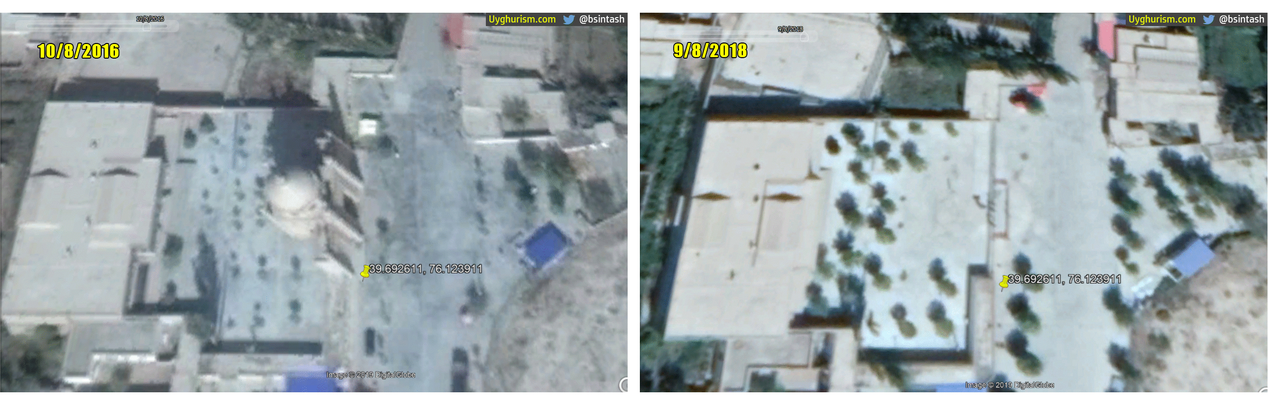 Satellite imagery comparison of Artush Eshtachi Grand Mosque. Left: October 8, 2016. Right: September, 8, 2018