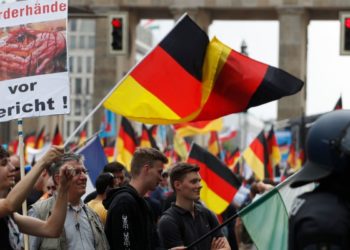 AfD demonstrators wave German flags