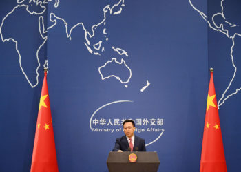 Chinese Foreign Ministry spokesman Zhao Lijian speaks at a media briefing in Beijing on April 8, 2020. Photo: Greg Baker/AFP.