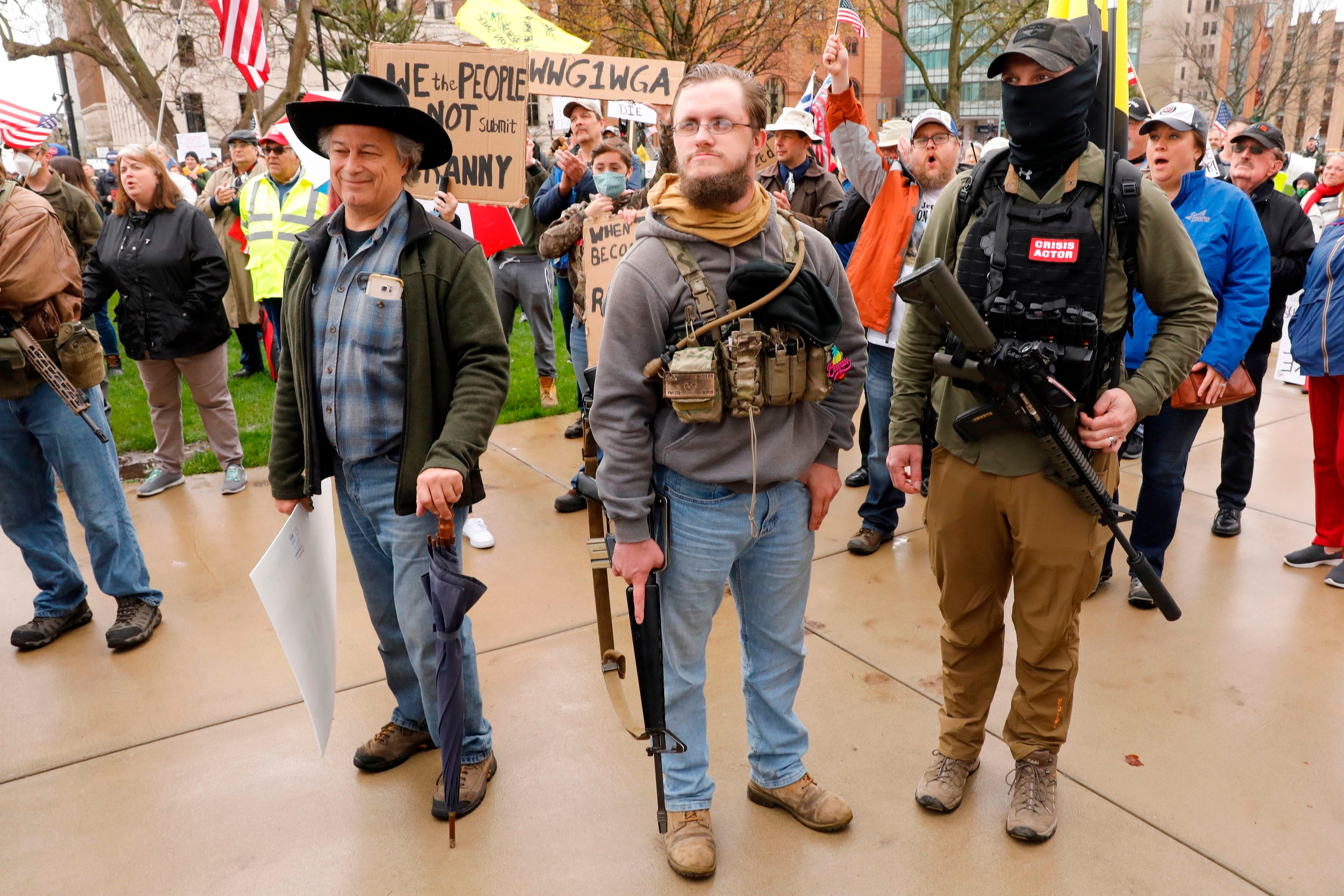 Armed right-wing protesters at a coronavirus lockdown protest on April 30, 2020 in Lansing, Michigan