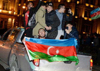 Azeris celebrate in the streets of Baku, Azerbaijan, November 10, 2020.