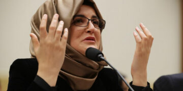 Hatice Cengiz delivers a speech addressing the US House of Representatives Foreign Affairs subcommittee on Capitol Hill, May 16, 2019.