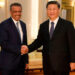 WHO director-general Adhanom Ghebreyesus shakes hands with Chinese President Xi Jinping in Beijing, January 28 2020.