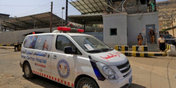 An ambulance outside the United Nations office in Yemen's capital Sanaa, March 7, 2021.