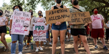 Pro-abortion rights activists rally at the Texas State Capitol in Austin against SB8, September 11.