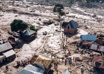 This aerial photograph taken on May 6, 2023 shows a landslide that engulfed Nyamukubi village, eastern Democratic Republic of Congo