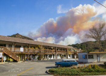 Smoke from the Palisades Fire in Pacific Palisades, California, from Santa Monica, California, on January 7