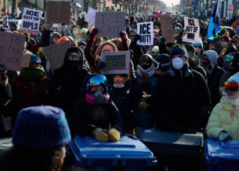 Demonstrators gather in south Minneapolis, Minnesota, on January 24, 2026, after a man is shot and killed by US Immigration and Customs Enforcement agents earlier that morning, according to officials.