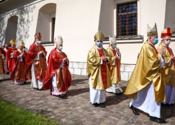 Bishops attend the ceremony commemorating St. Stanislaus at Church on the Rock in Krakow, Poland on May 9, 2021.